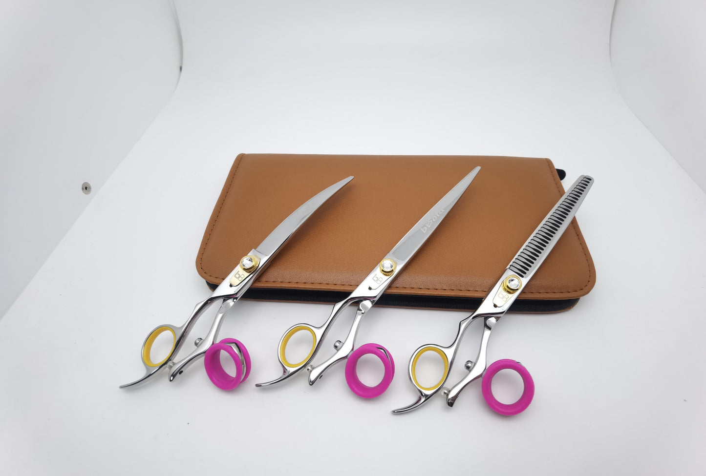 Bbold 3-Piece Grooming Shears Set – 8.0” Straight, 8.0” Curved & Thinning Shears – Silver Finish with Pink & Yellow Inserts