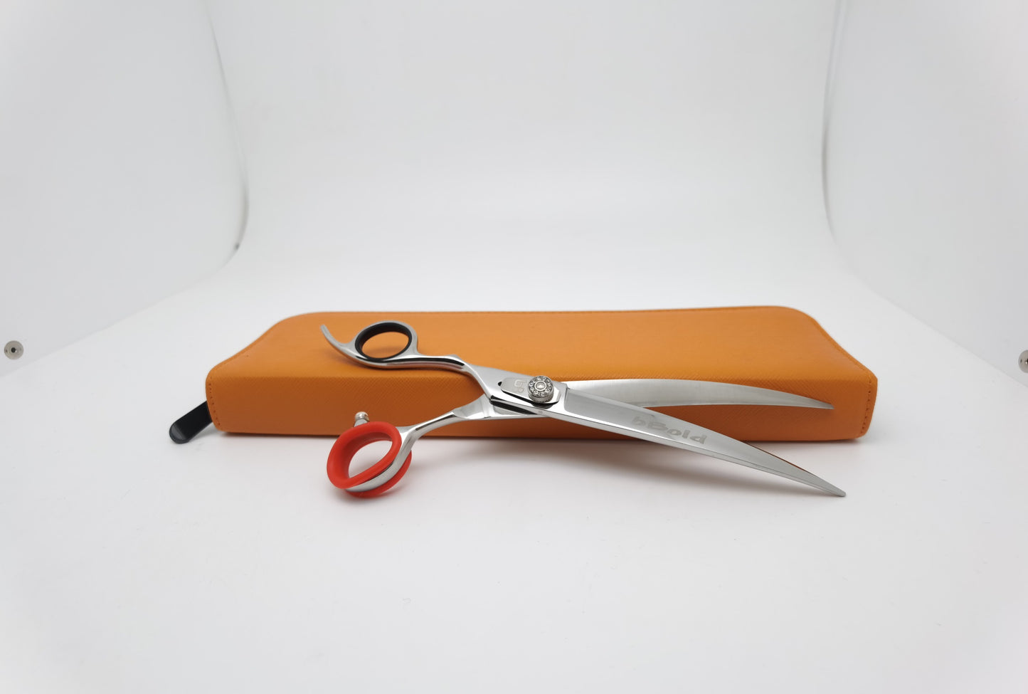 Bbold 8.5” Curved Grooming Shears – Silver Finish with Red Finger Inserts